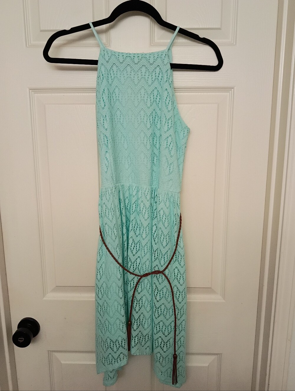 No Boundaries Light Aqua Lace High‑Low Dress with Brown Belt